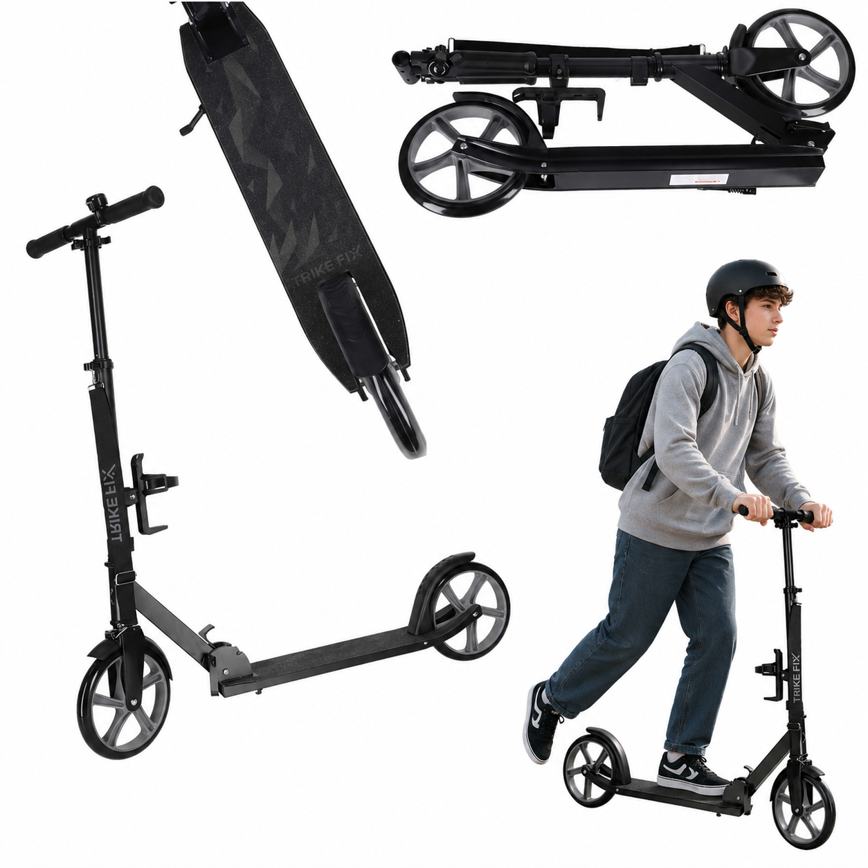 Trike Fix salokāms pilsētas skrejritenis ar 200 mm riteņiem melna krāsā, parādīts salocītā un atlocītā veidā