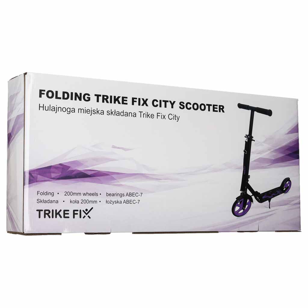 Trike Fix salokāmā skrejriteņa iepakojums ar violetiem riteņiem