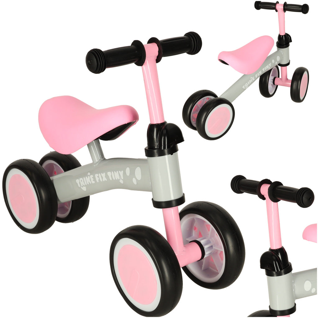 Rozā un pelēks četrriteņu bērnu līdzsvara velosipēds Trike Fix Tiny ar melniem riteņiem un regulējamu stūri