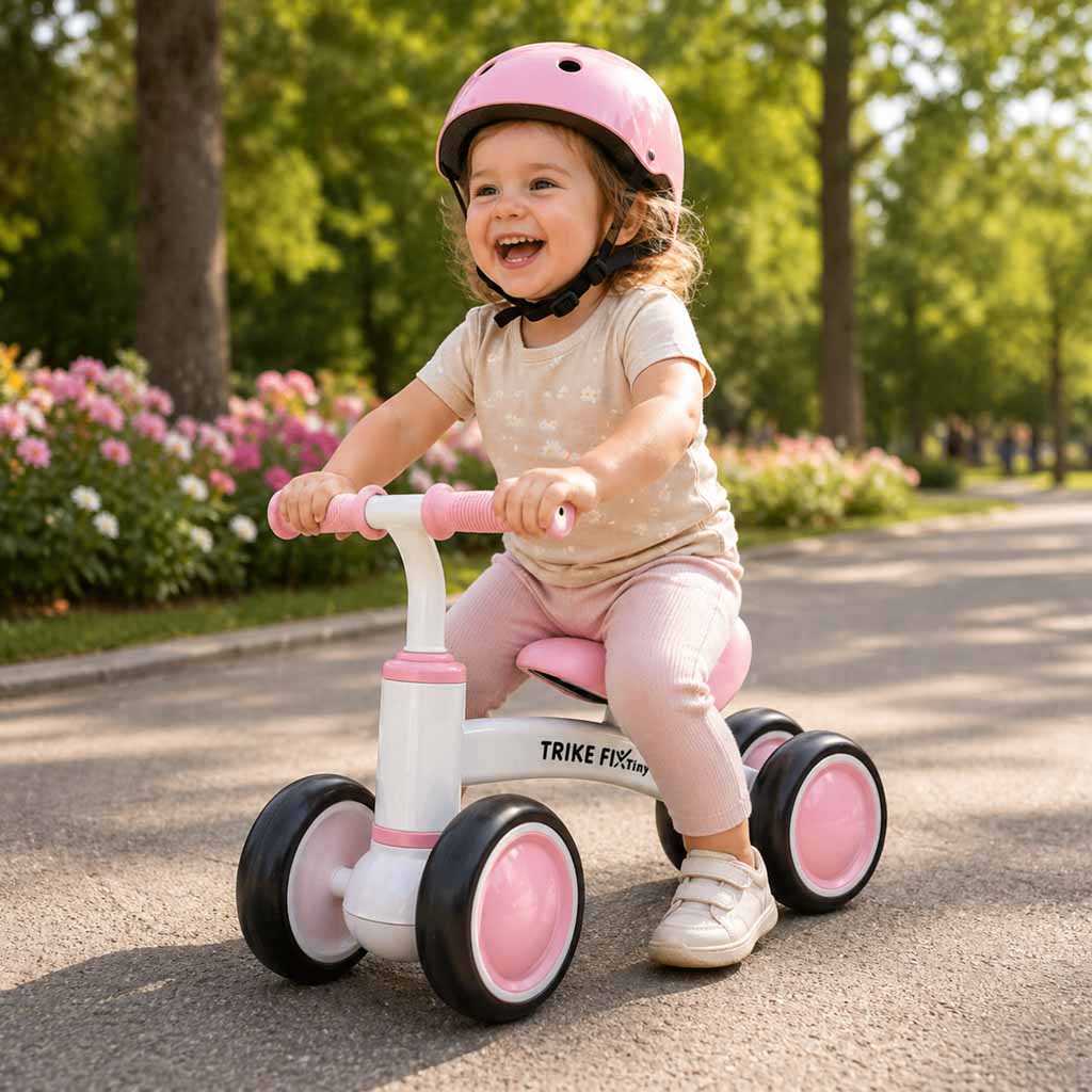 Bērns brauc ar rozā Trike Fix Tiny V2 līdzsvara riteni, valkājot aizsargķiveri