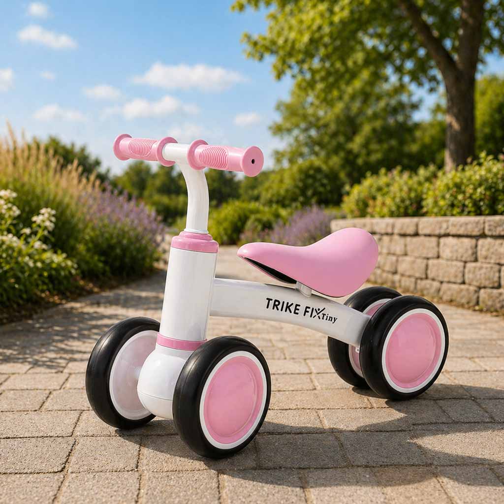 Rozā Trike Fix Tiny V2 līdzsvara ritenis bērniem āra vidē uz bruģēta celiņa