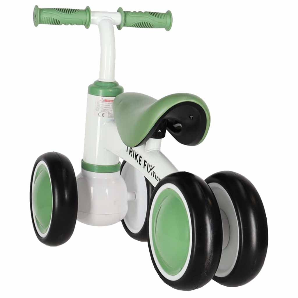 Zaļš Trike Fix Tiny V2 līdzsvara ritenis bērniem, skats no aizmugures leņķa ar dubultajiem aizmugurējiem riteņiem