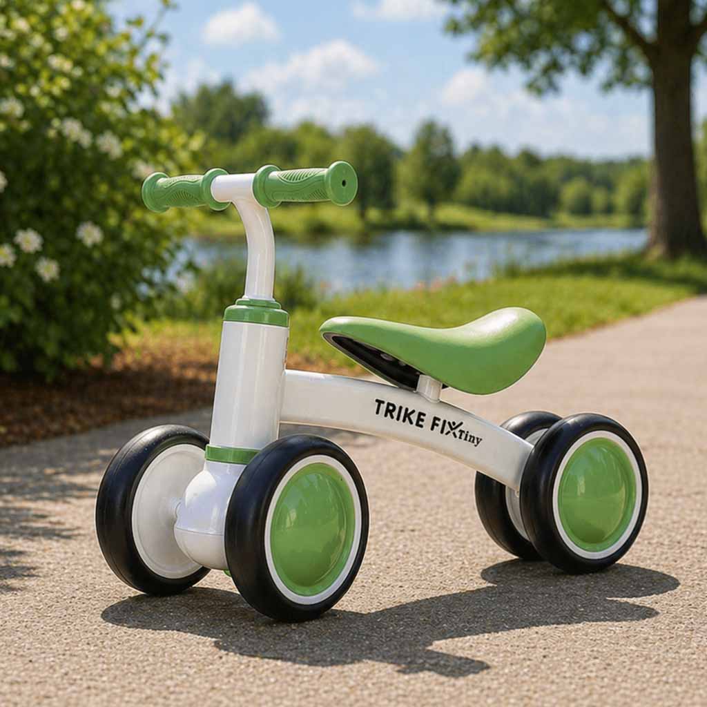 Zaļš Trike Fix Tiny V2 līdzsvara ritenis bērniem ārā uz celiņa pie ezera