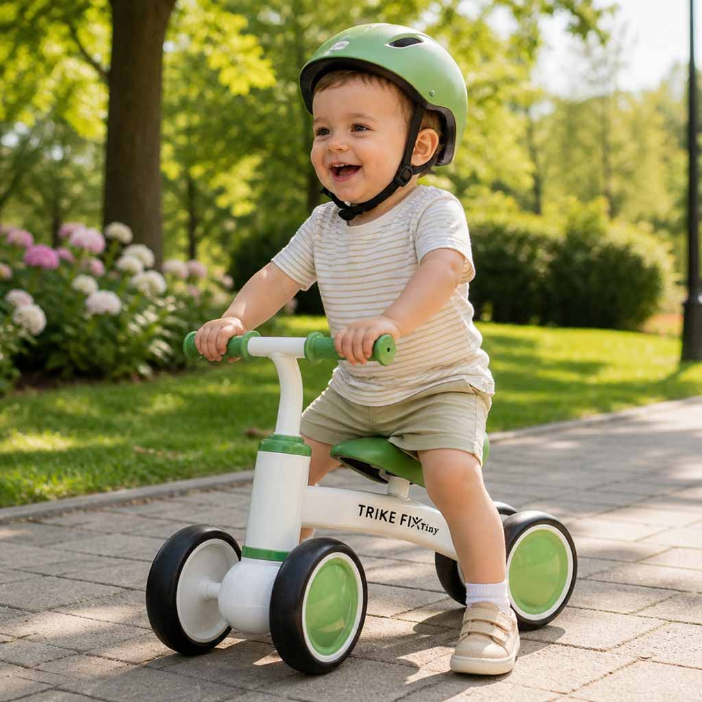 Bērns ar zaļu ķiveri brauc ar zaļu Trike Fix Tiny V2 līdzsvara riteni parkā