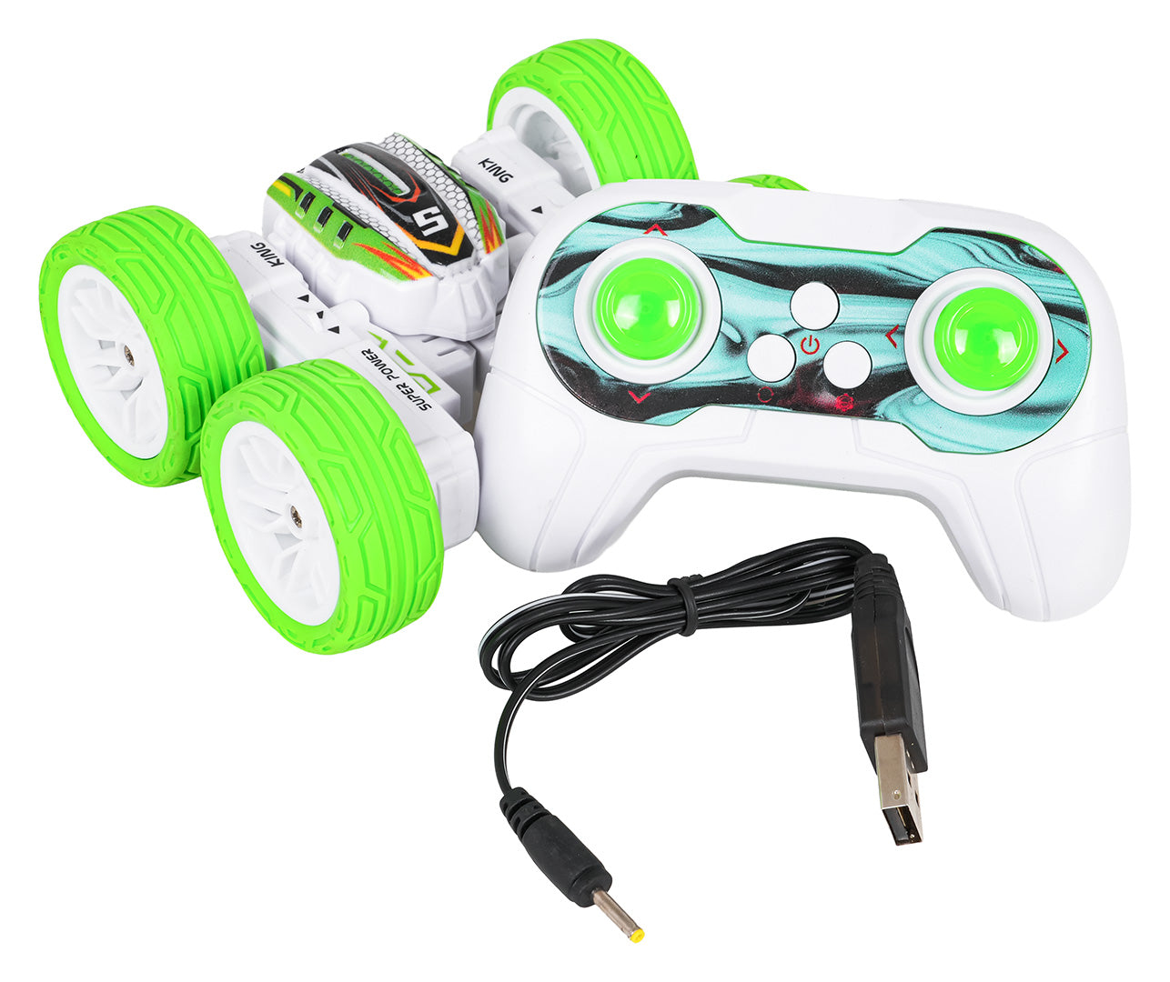 Balta un zaļa triku RC mašīna ar tālvadības pulti un USB uzlādes kabeli