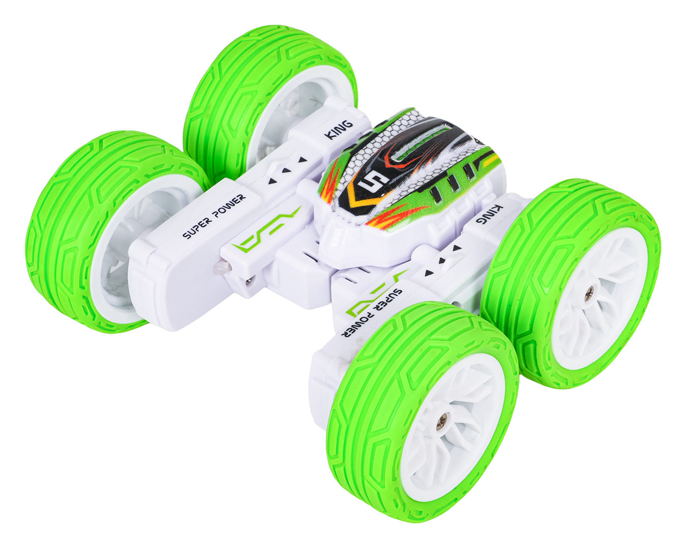 Balta triku RC mašīna ar spilgti zaļām riepām un sportisku virsbūvi