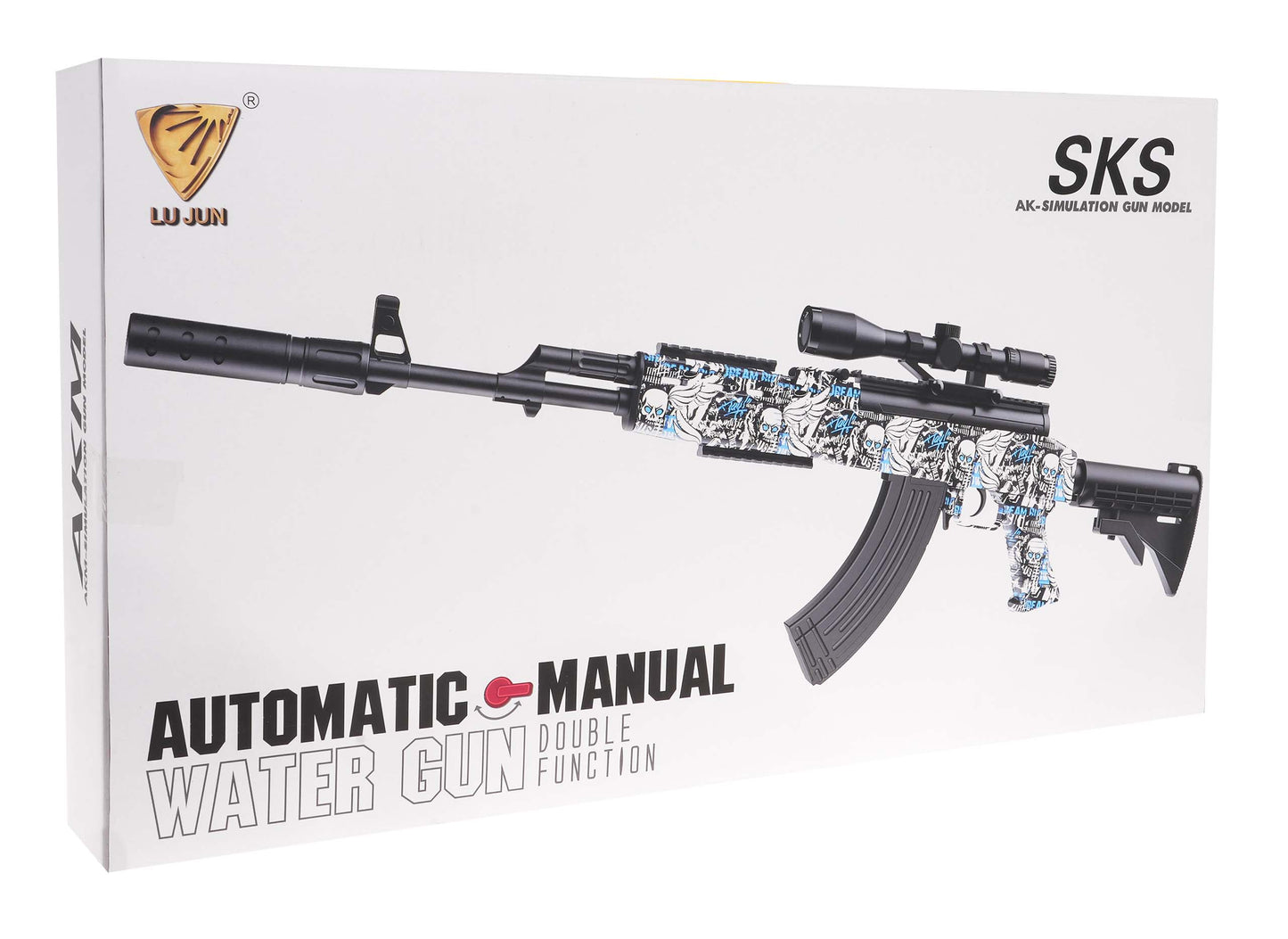 Ūdens pistoles automāta modelis SKS iepakojumā ar garu stobru, optisko tēmekli un magazīnu