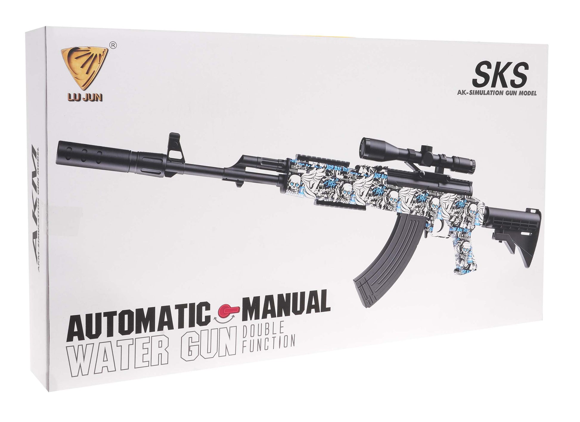 Ūdens pistoles automāta modelis SKS iepakojumā ar garu stobru, optisko tēmekli un magazīnu