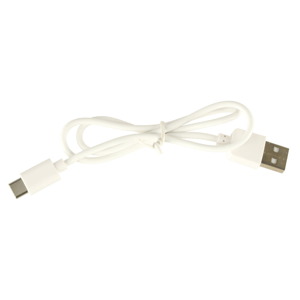 Balts USB–USB-C uzlādes kabelis, paredzēts silikona naktslampiņai.