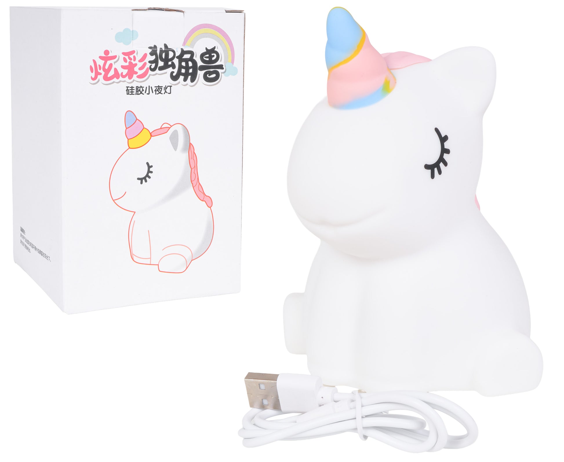 Silikona vienradža LED naktslampiņa ar USB-C kabeli un kasti