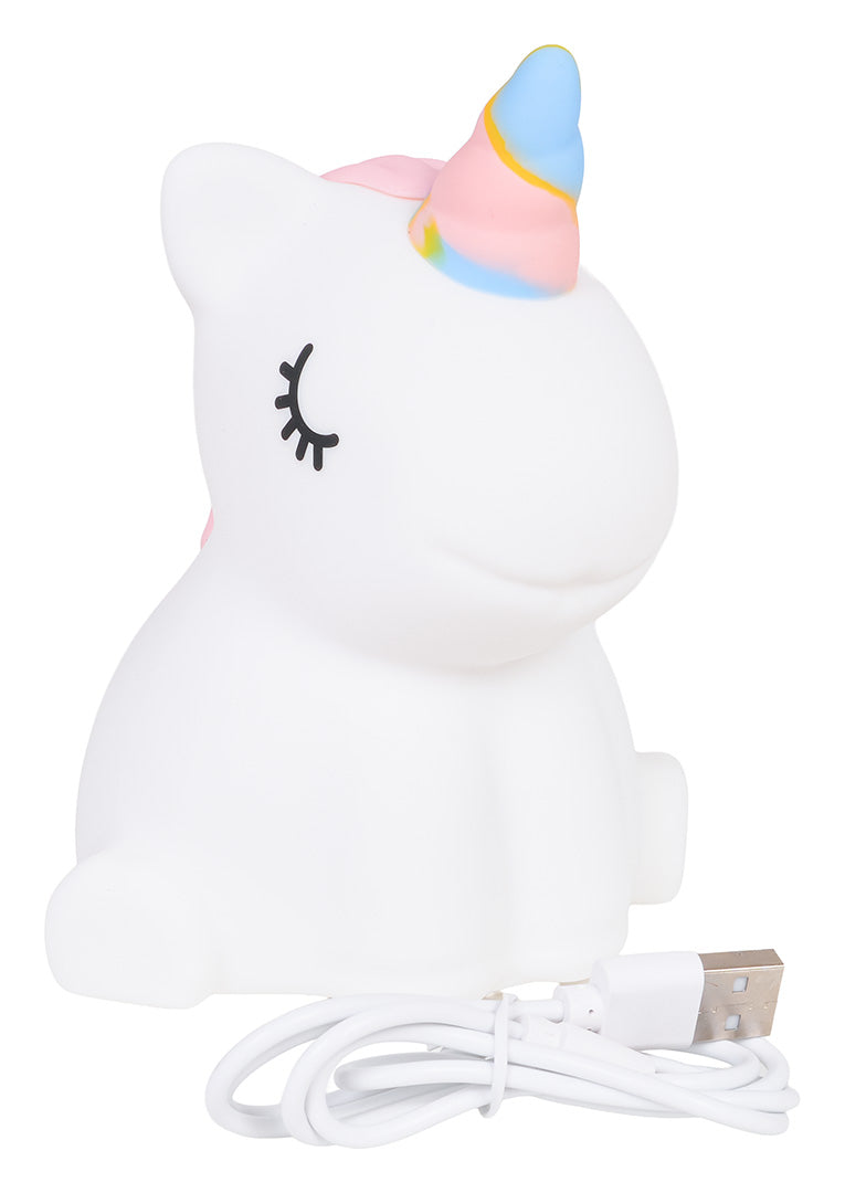 Balta silikona vienradža naktslampa ar krāsainu ragu un USB uzlādes kabeli