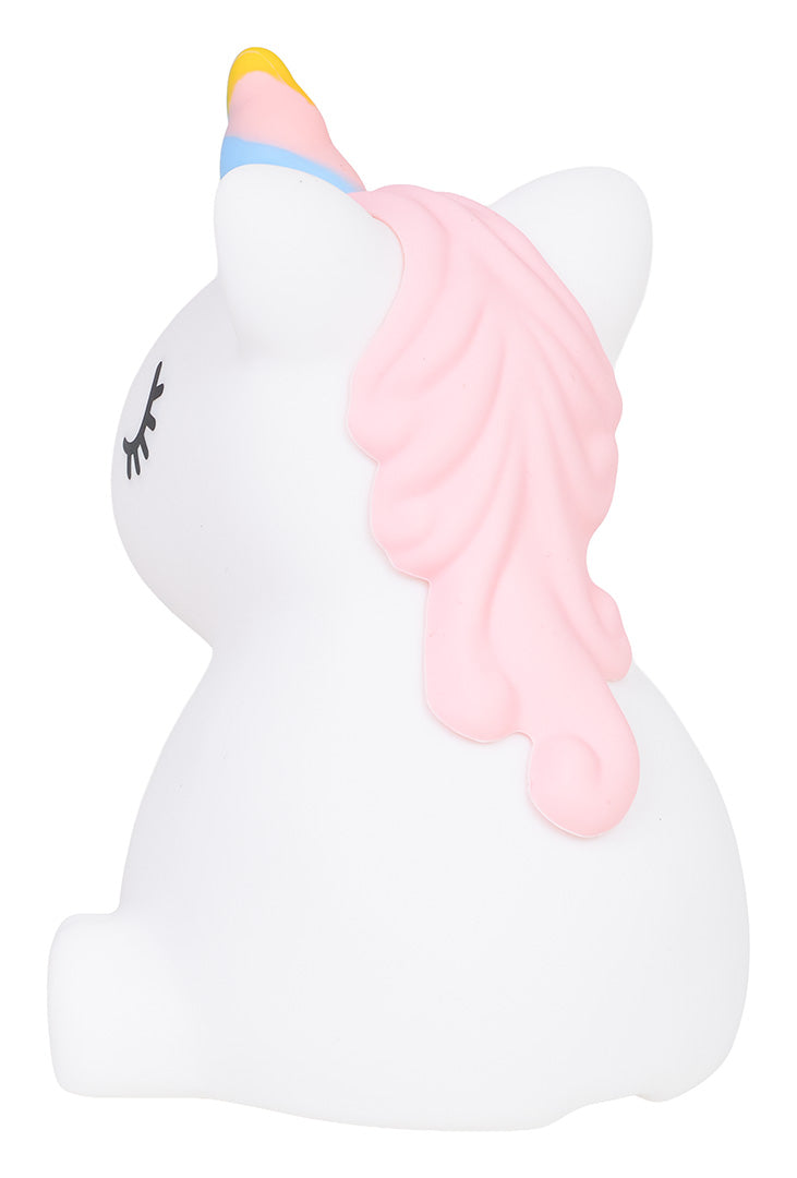 Vienradža silikona naktslampa ar rozā krēpēm un krāsainu ragu, skats no sāniem