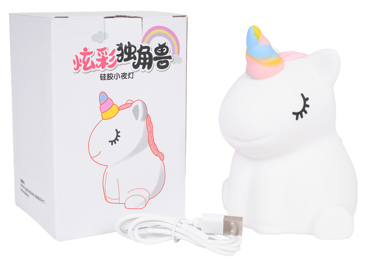 Vienradža silikona naktslampa ar USB uzlādes kabeli un iepakojumu
