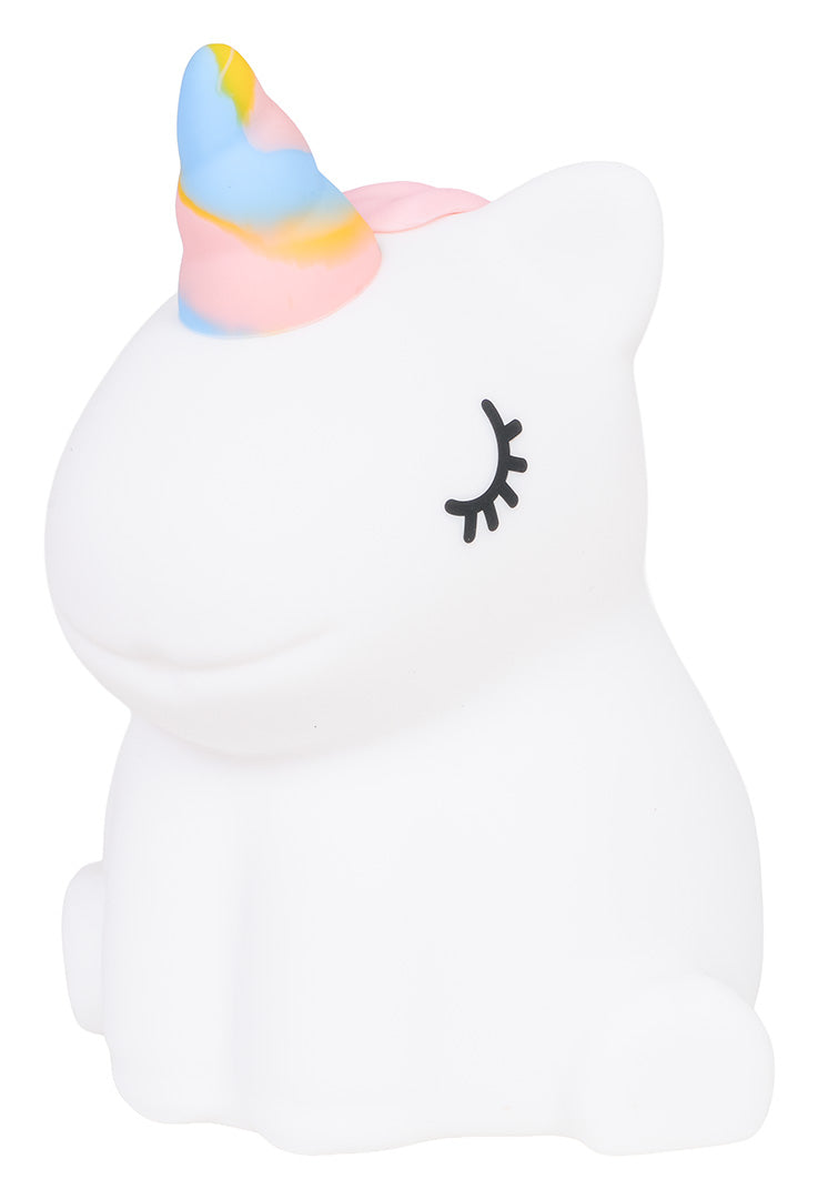 Balta silikona vienradža naktslampa ar krāsainu ragu un aizvērtām acīm