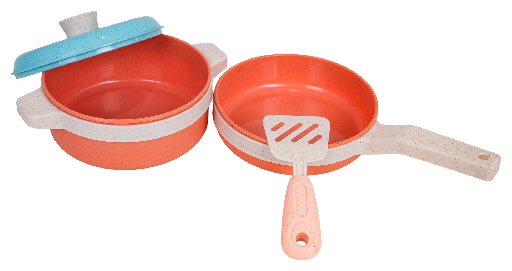 Rotaļu katliņš ar vāku un panna ar lāpstiņu, bērnu Wheat Straw virtuves komplekts oranžā un gaiši zilā krāsā.