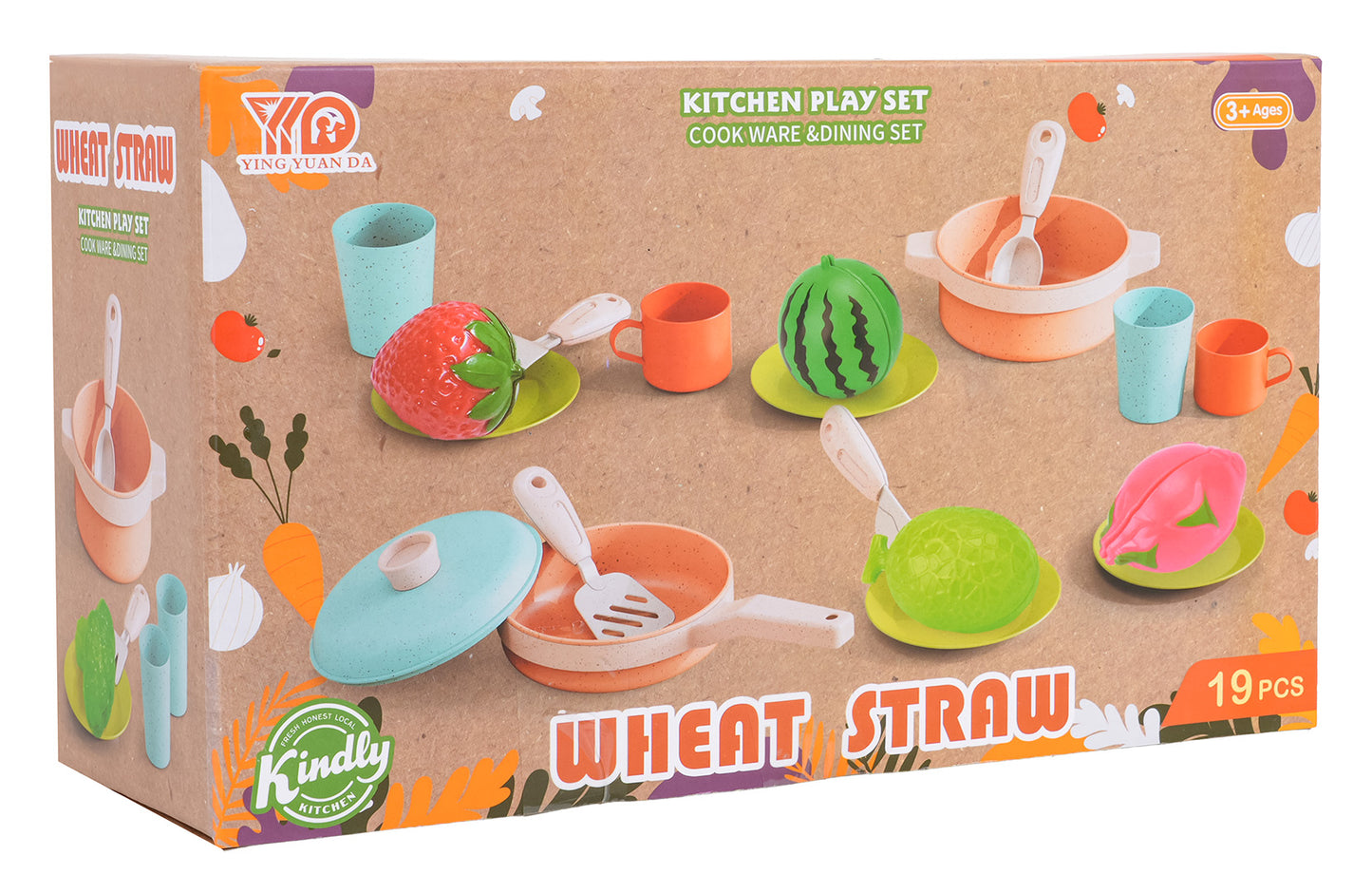 Bērnu virtuves rotaļu komplekta Wheat Straw iepakojums ar krāsainiem traukiem, pannām un rotaļu dārzeņiem un augļiem (19 gab.)