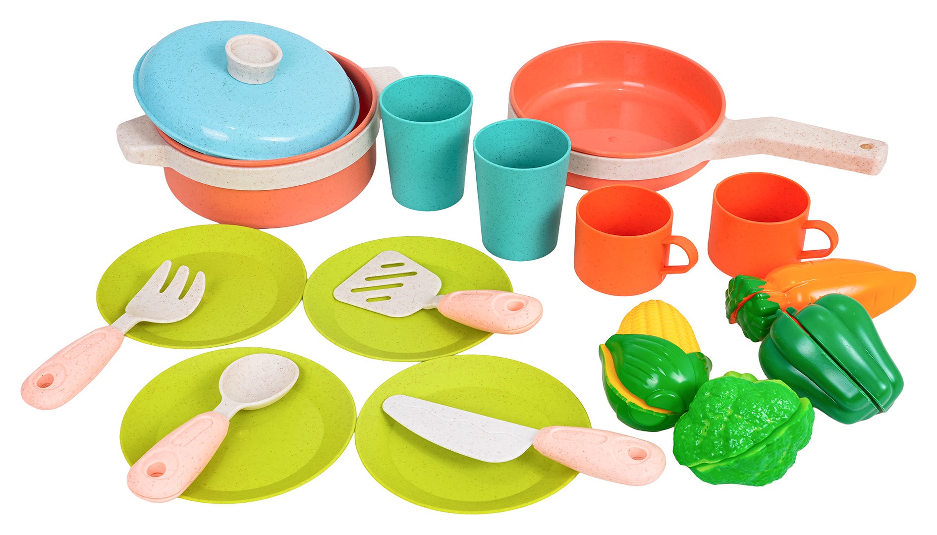 Bērnu virtuves rotaļu komplekta Wheat Straw trauki un dārzeņi: katls ar vāku, panna, glāzes, krūzes, šķīvji, rotaļu dakša, lāpstiņa, nazis un plastmasas dārzeņi (paprika, kukurūza, burkāns, salātlapa).