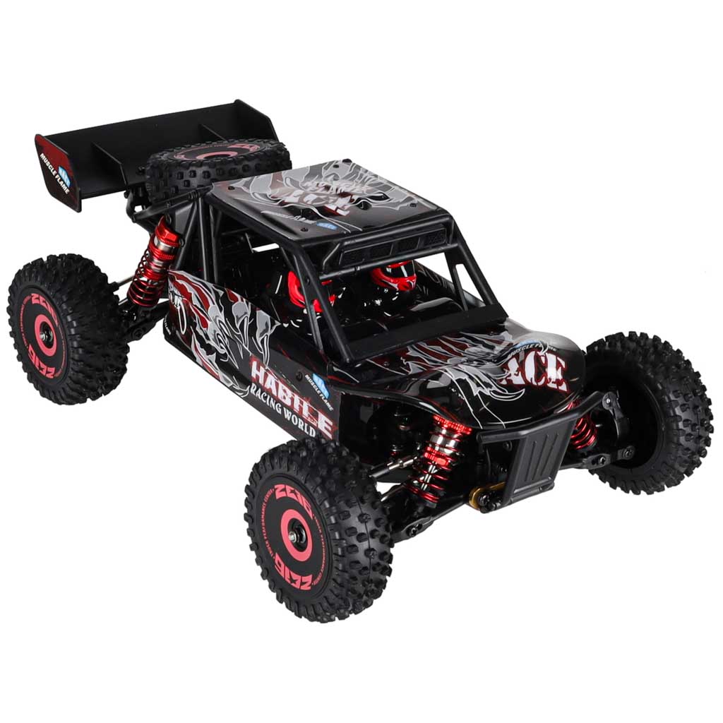 WLtoys 124016 1:12 4WD bezsuku RC bagijs sānskatā ar aizmugurējo spoileri