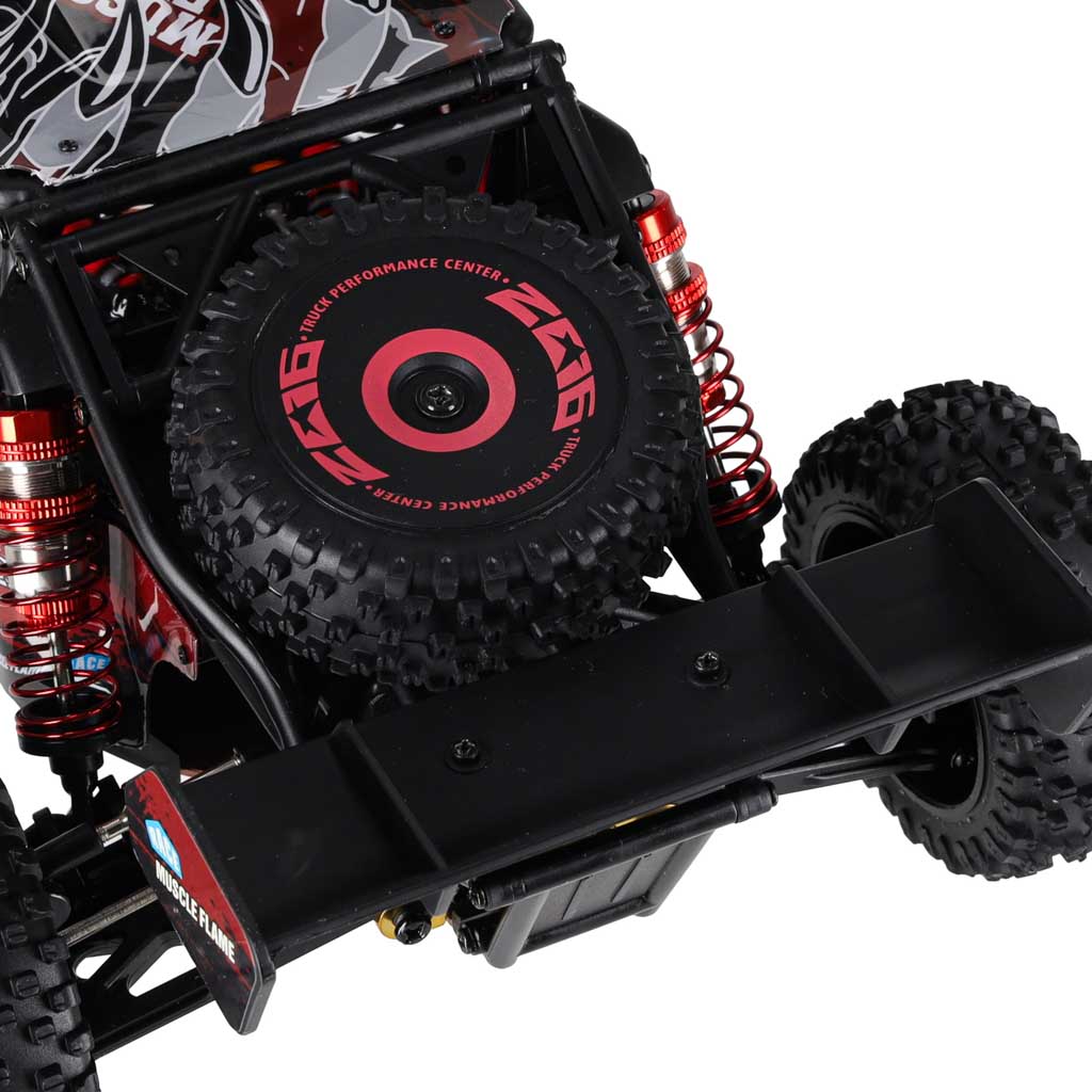 WLtoys 124016 RC bagija aizmugures tuvplāns ar rezerves riteni, amortizatoriem un spoileri