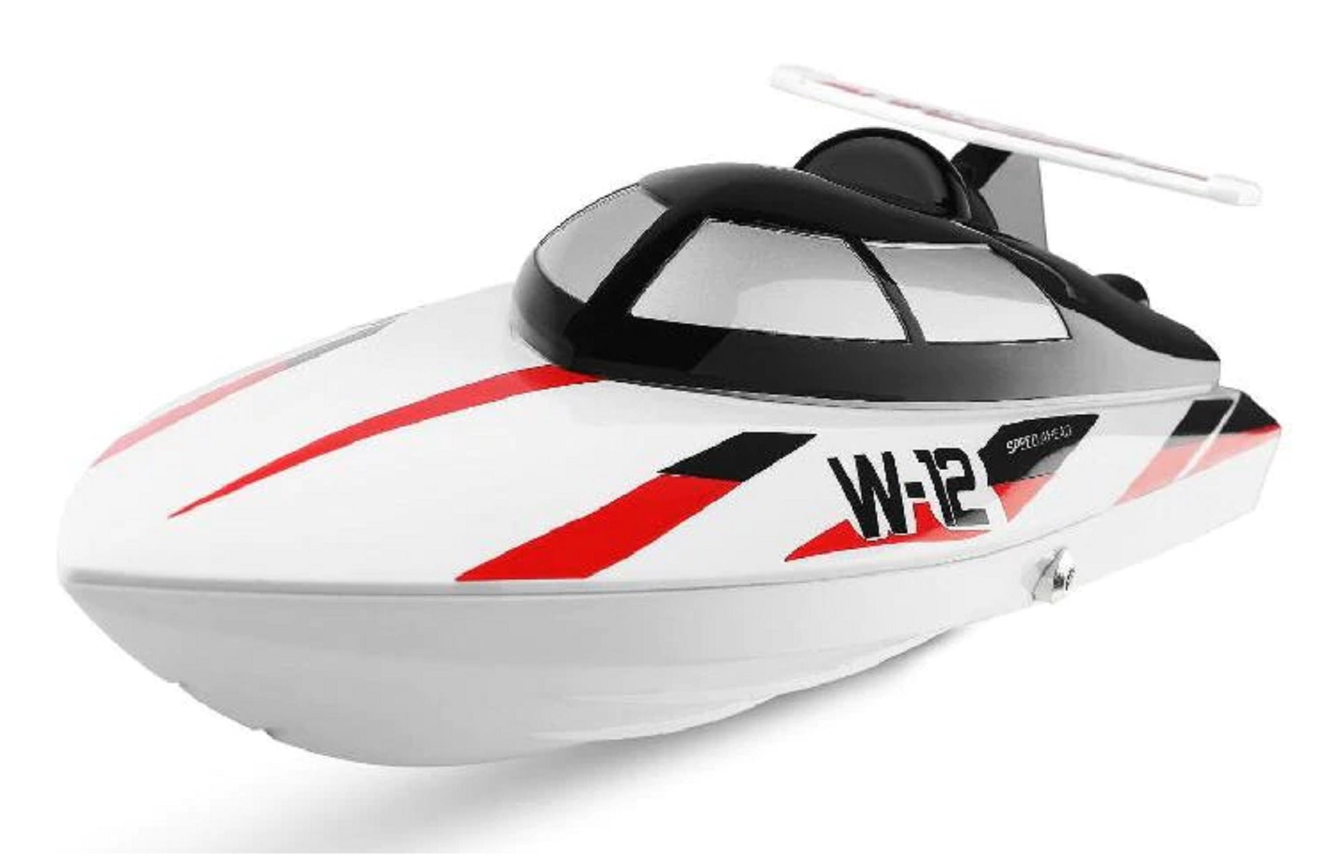 WLtoys WL912 tālvadības ātrlaiva baltā krāsā ar sarkaniem un melniem akcentiem
