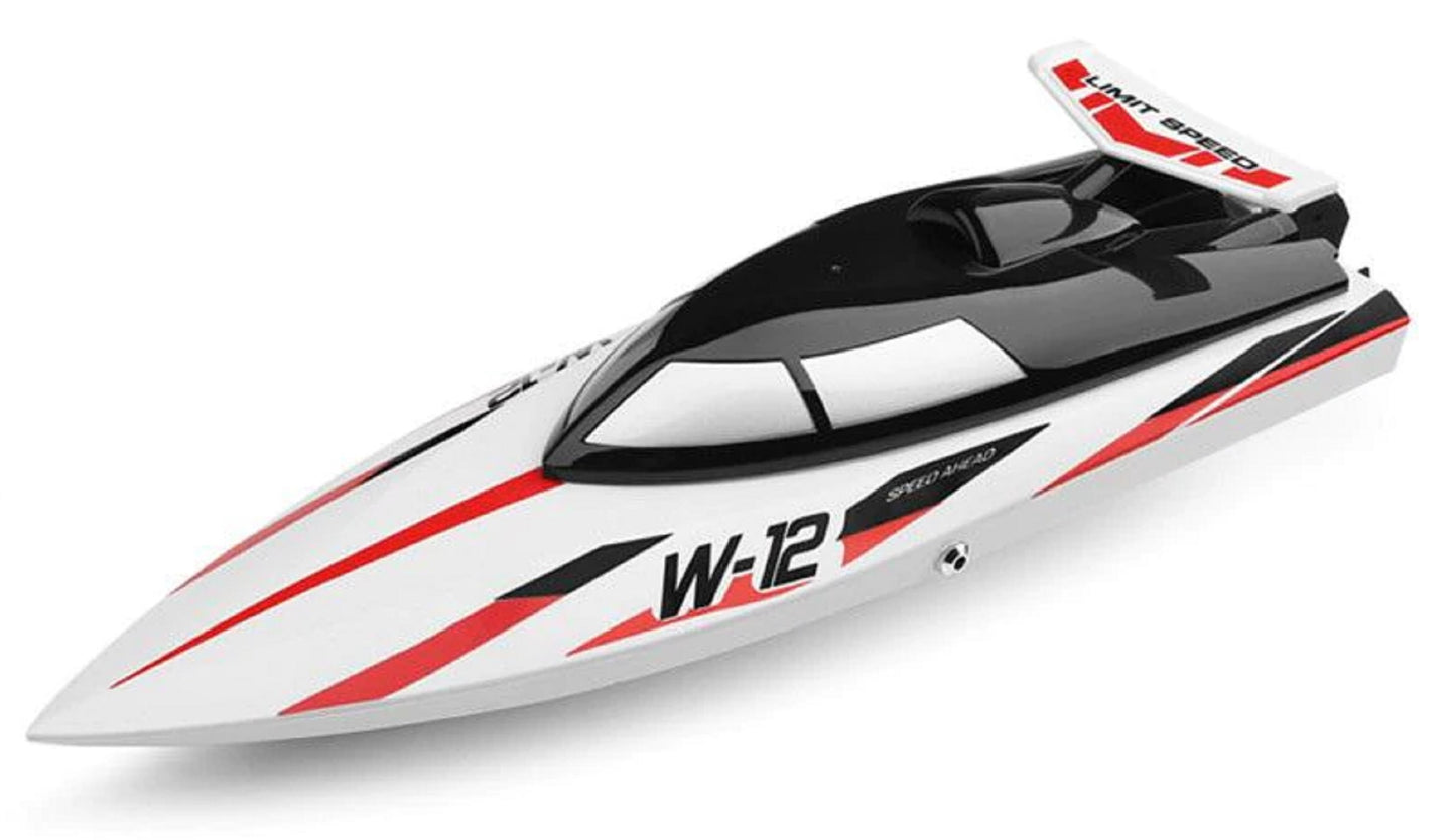 WLtoys WL912 tālvadības ātrlaiva priekšskatā ar baltu korpusu un melni sarkaniem akcentiem