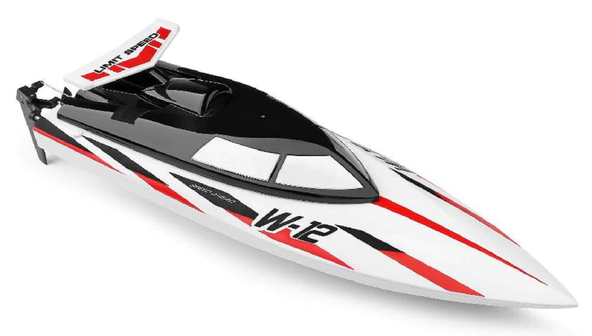 WLtoys WL912 tālvadības ātrlaiva priekšskatā ar baltu korpusu un sarkaniem akcentiem