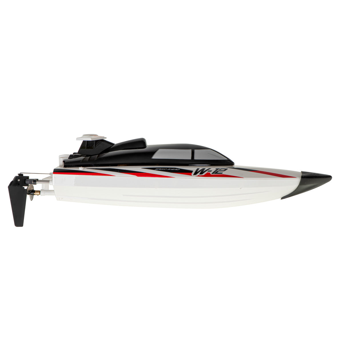 WLtoys WL912 tālvadības ātrlaiva sānskatā ar stūres lāpstiņu un dzenskrūvi
