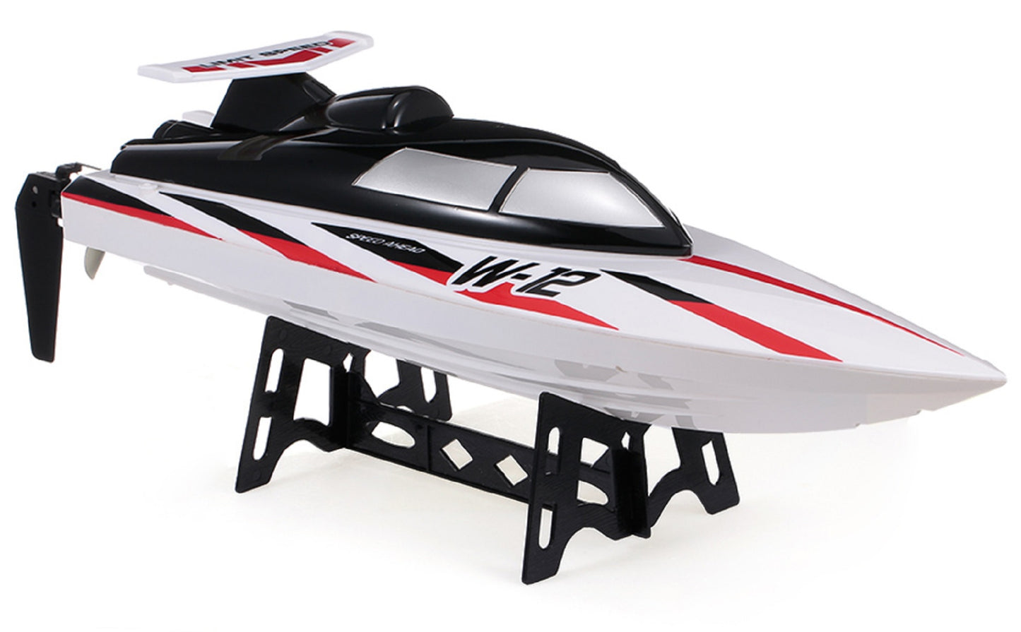 WLtoys WL912 tālvadības ātrlaiva uz statīva ar baltu korpusu un melni sarkaniem akcentiem