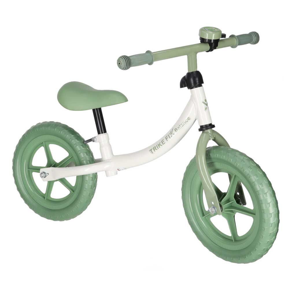 Zaļš balansa velosipēds bērniem ar platiem riteņiem un ergonomisku sēdekli