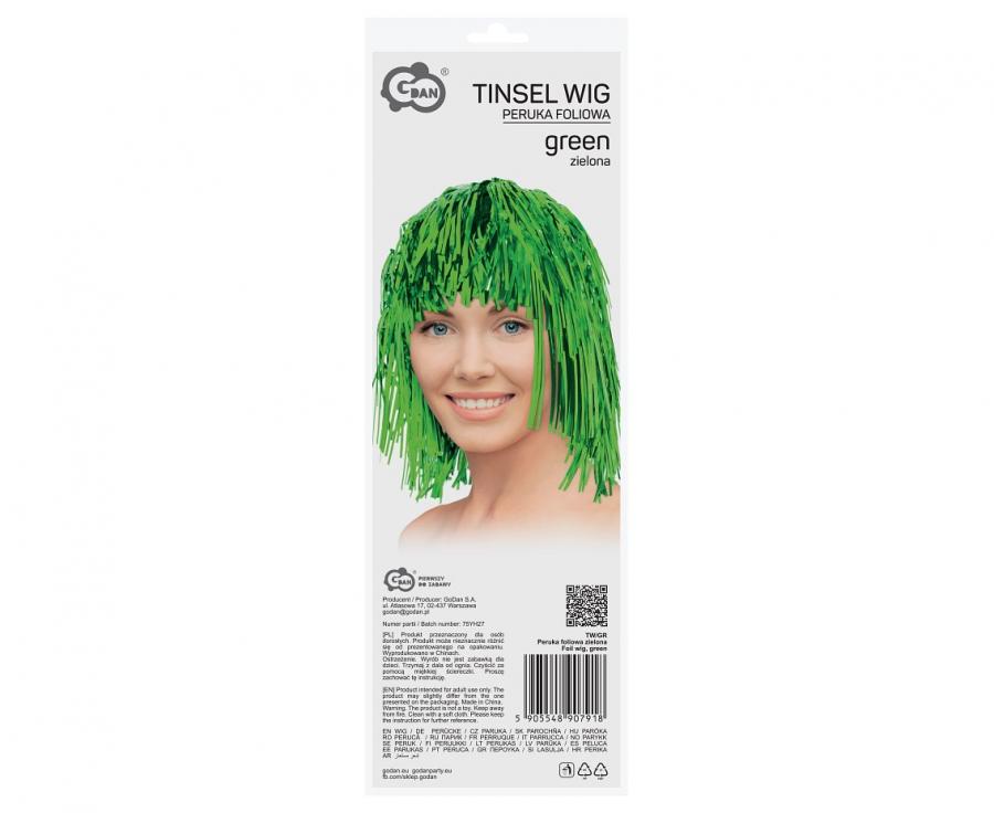 Zaļa folijas parūka iepakojumā ar uzrakstu "Tinsel Wig"