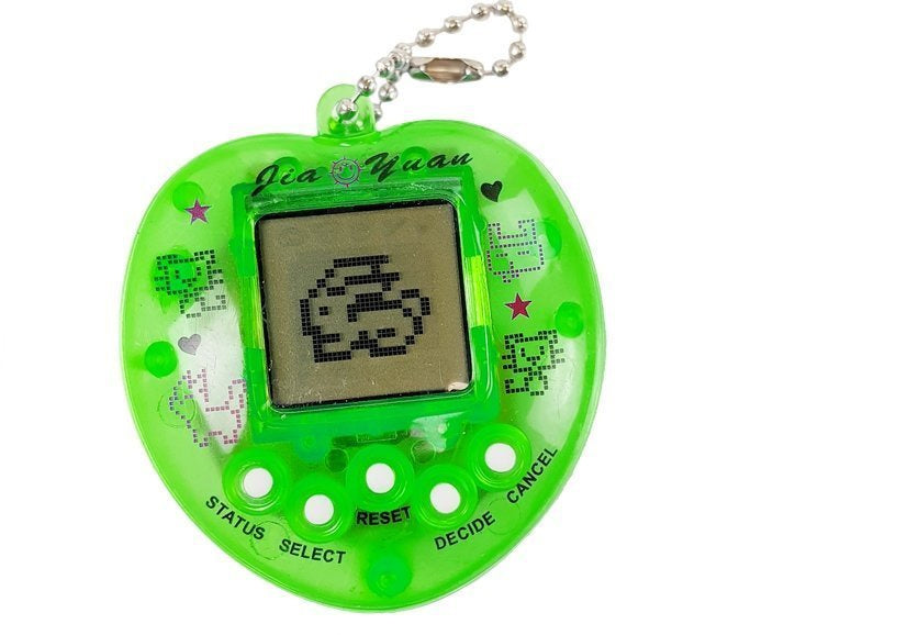 Zaļš elektroniskais tamagotchi ar caurspīdīgu korpusu, displeju un īsu ķēdīti