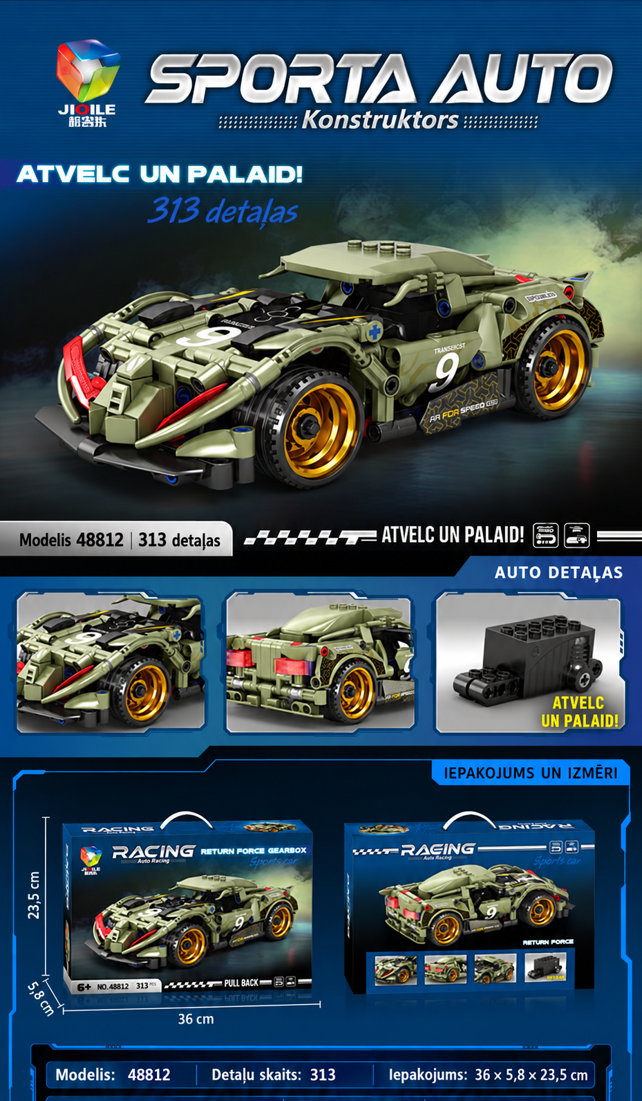 Zaļš sporta auto konstruktors 313 gabali ar Pull Back piedziņu