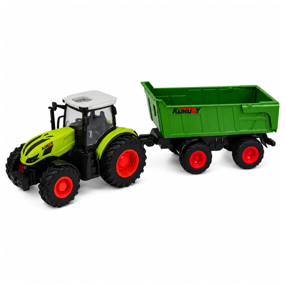 Zaļš tālvadības traktors ar pašizgāzēja piekabi 1:24