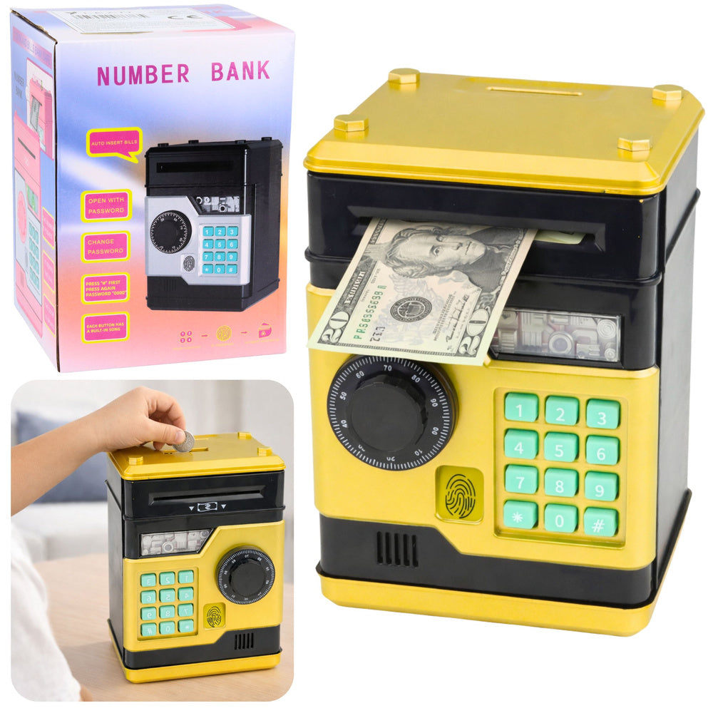 Zelta elektroniskā krājkase seifs ar PIN kodu, automātisku banknošu ievilkšanu, monētu atveri, skaņas un gaismas efektiem.