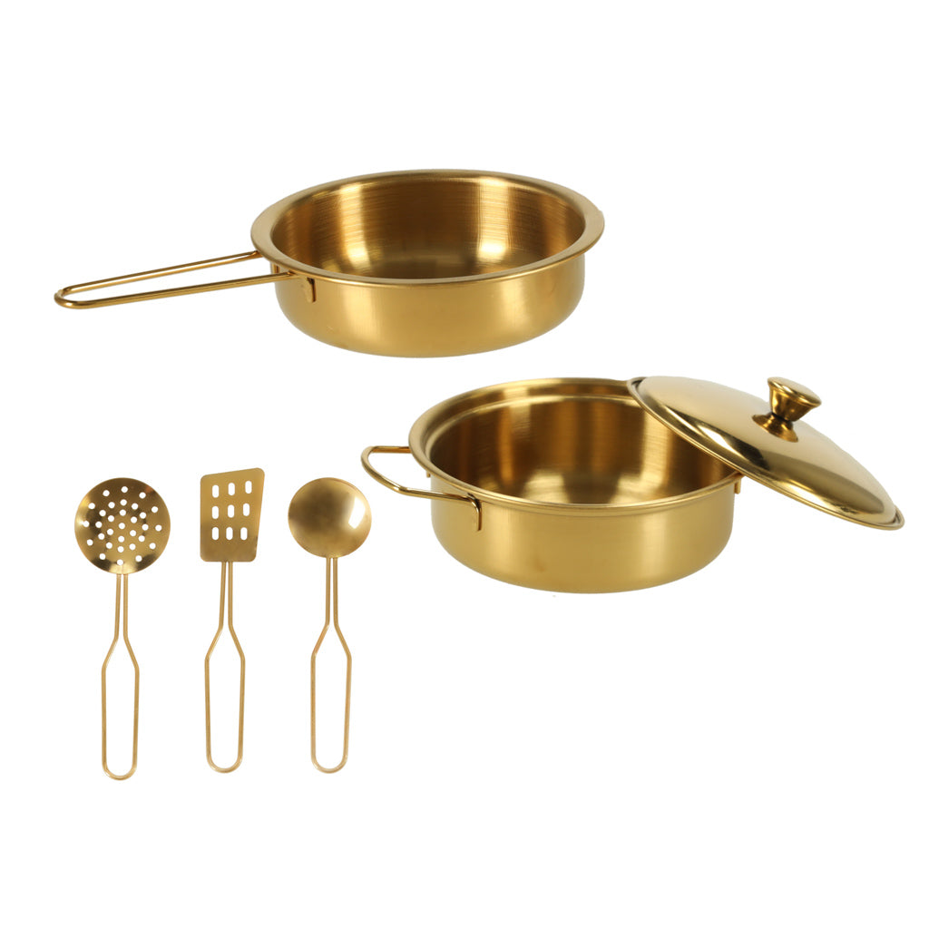 zeltainu rotaļu trauku komplekts bērnu virtuvei ar pannām un lāpstiņām