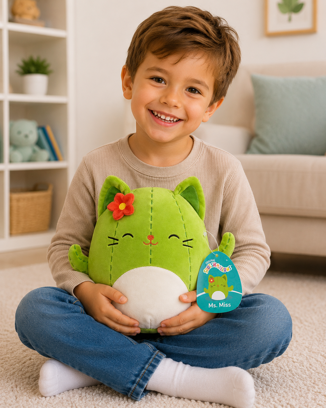Zēns tur rokās zaļu Squishmallows kaķa plīša rotaļlietu Ms. Miss