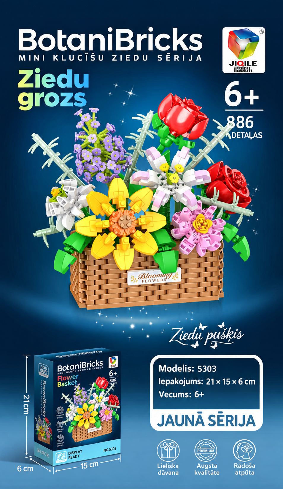 Krāsains ziedu groza mini konstruktors 886 gabali bērniem no 6 gadiem
