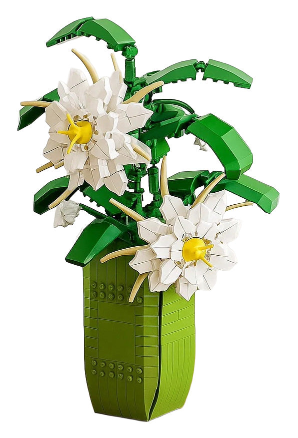 Ziedu konstruktors Flower Studio Epiphyllum ar baltiem ziediem zaļā vāzē