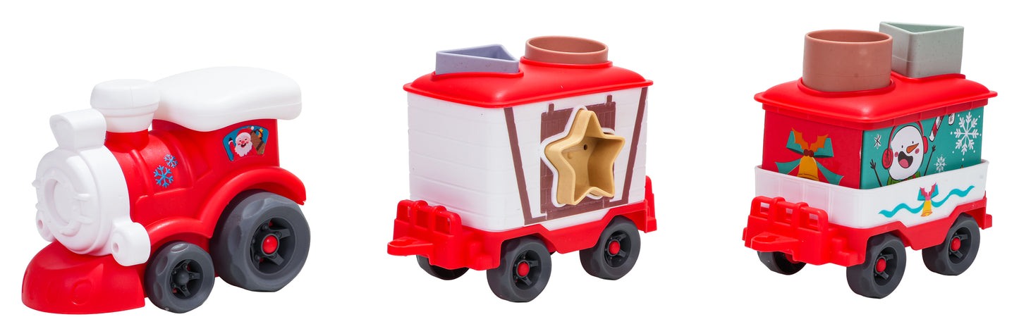 Ziemassvētku rotaļu vilciena lokomotīve un divi vagoni ar formu šķirošanas elementiem