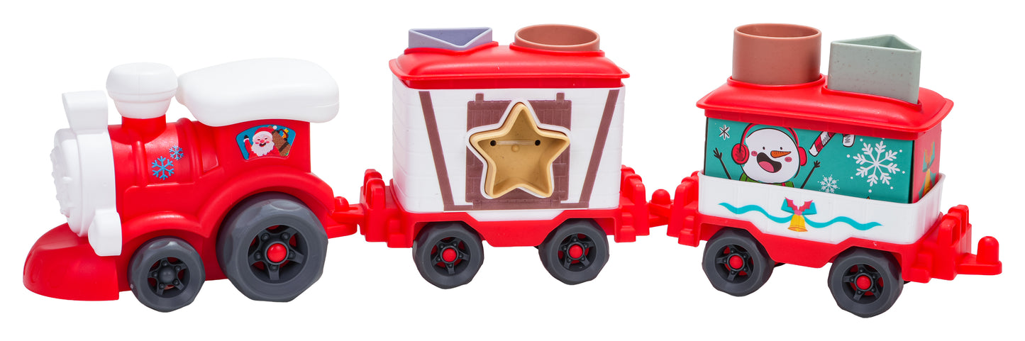Ziemassvētku rotaļu vilciens ar trim vagoniņiem un formu šķirošanas elementiem