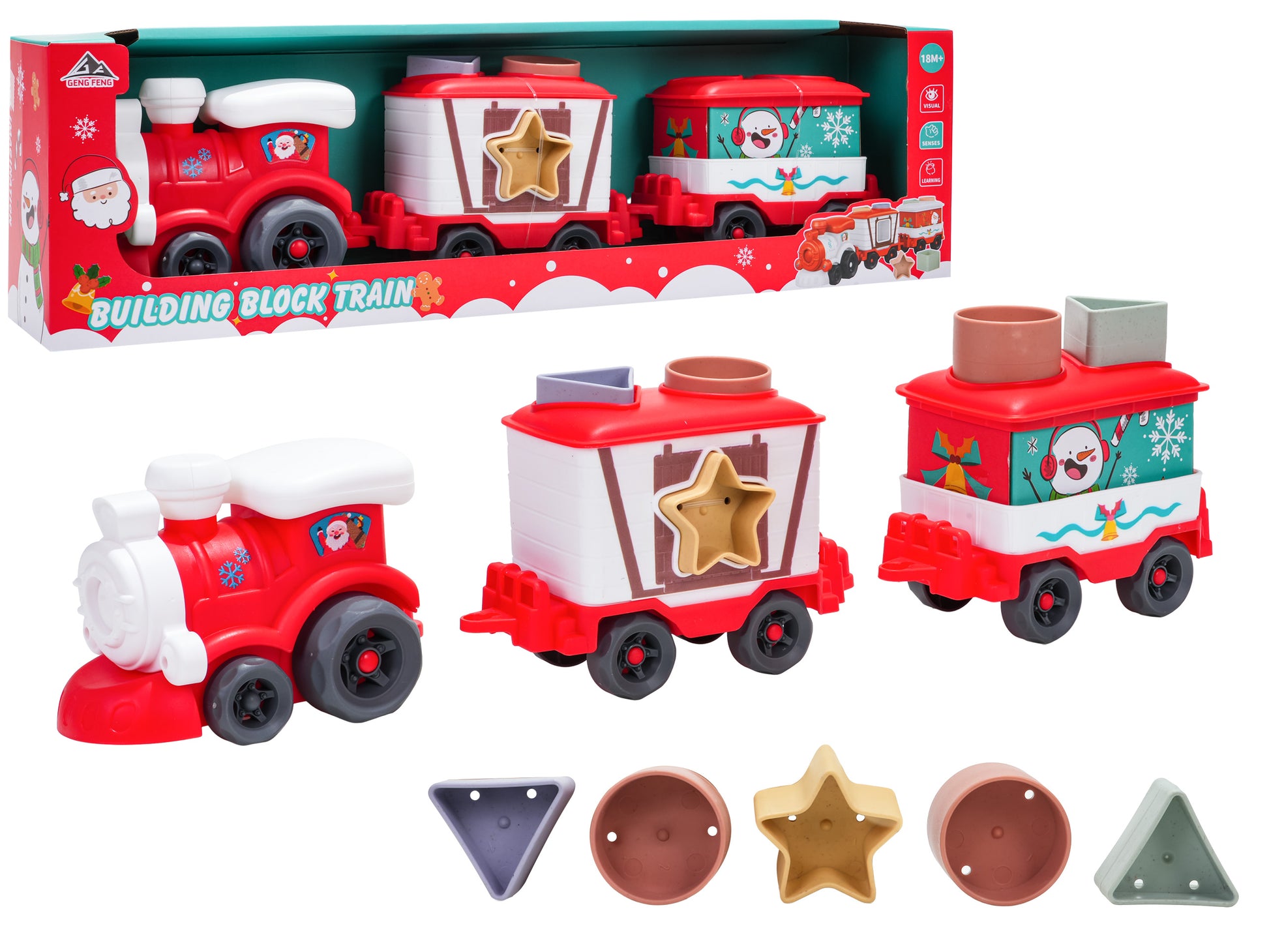 “Ziemassvētku vilciens ar diviem vagoniem un formu klucīšiem mazuļiem”