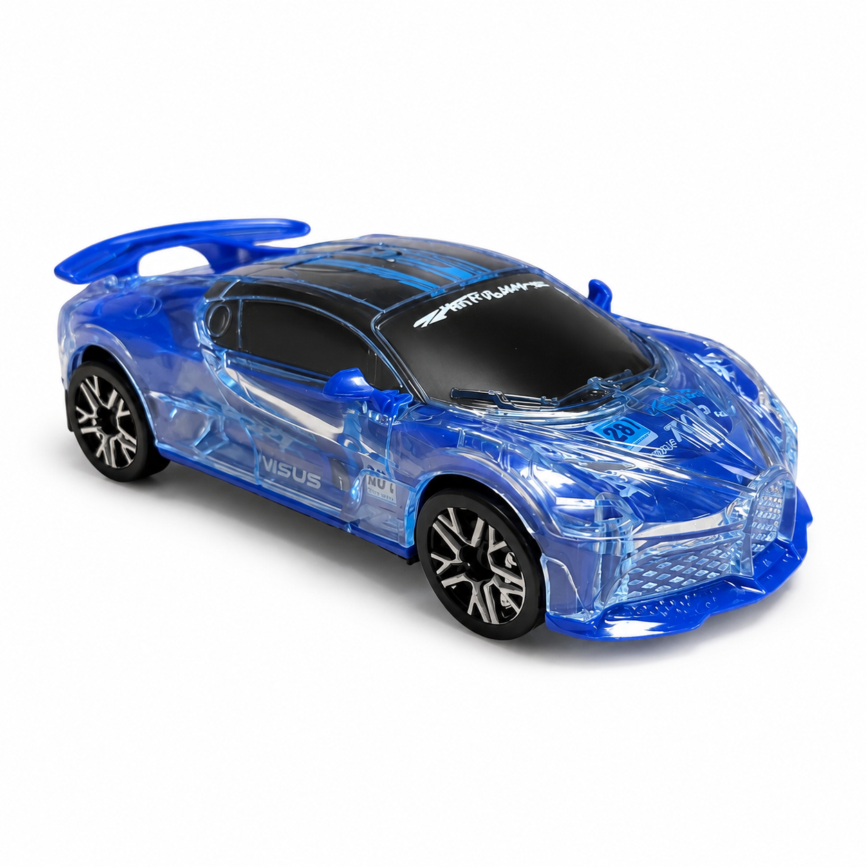 Zila rotaļu sporta automašīna ar caurspīdīgu virsbūvi un aizmugurējo spoileru