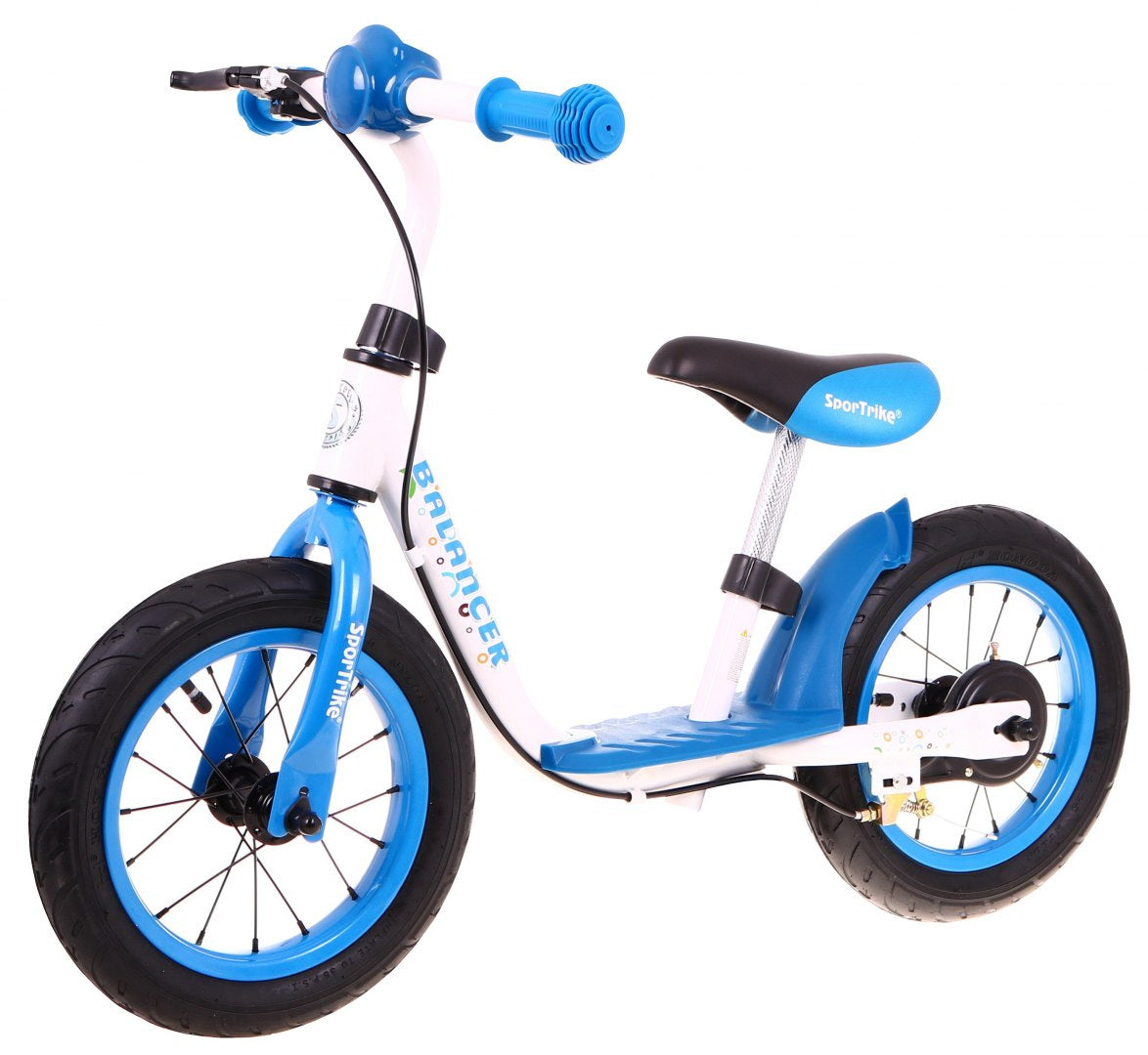 Zili balts bērnu balansa ritenis SportTrike Balancer sānskatā