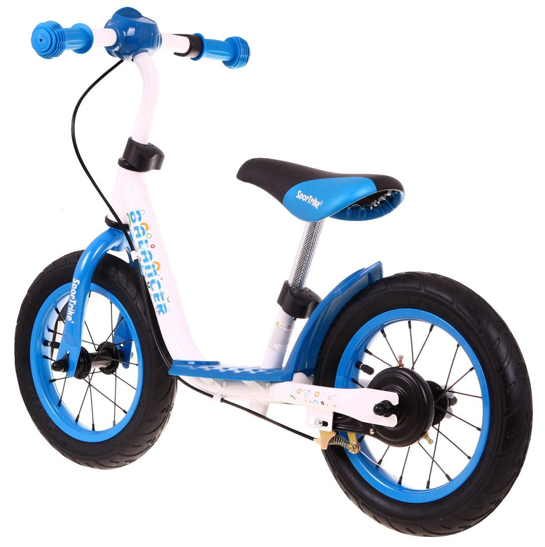 Zili balts bērnu balansa ritenis SportTrike Balancer trīs ceturtdaļu skatā