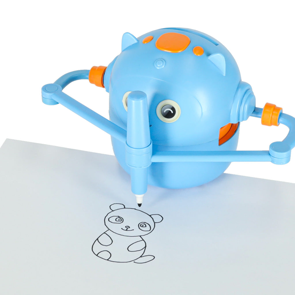 Zils bērnu zīmēšanas robots zīmē pandas attēlu uz lapas