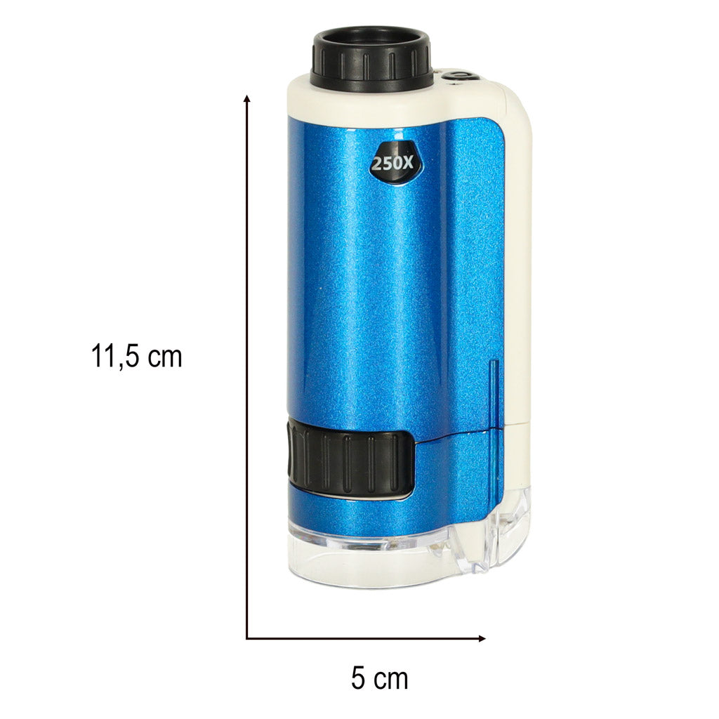 Zils kabatas mikroskops bērniem ar 100x un 250x palielinājumu, izmērs 11,5 × 5 cm
