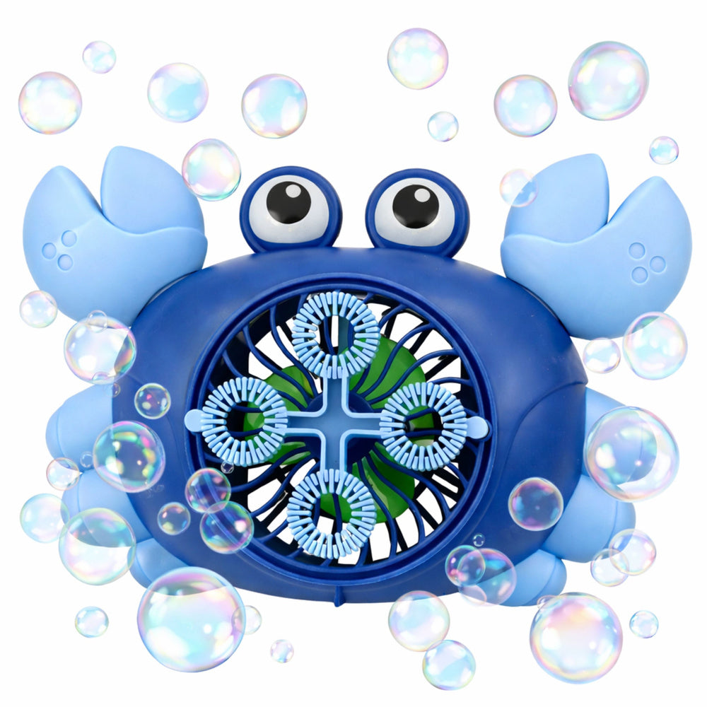 Zils krabja formas ziepju burbuļu pūtējs darbībā ar burbuļiem apkārt