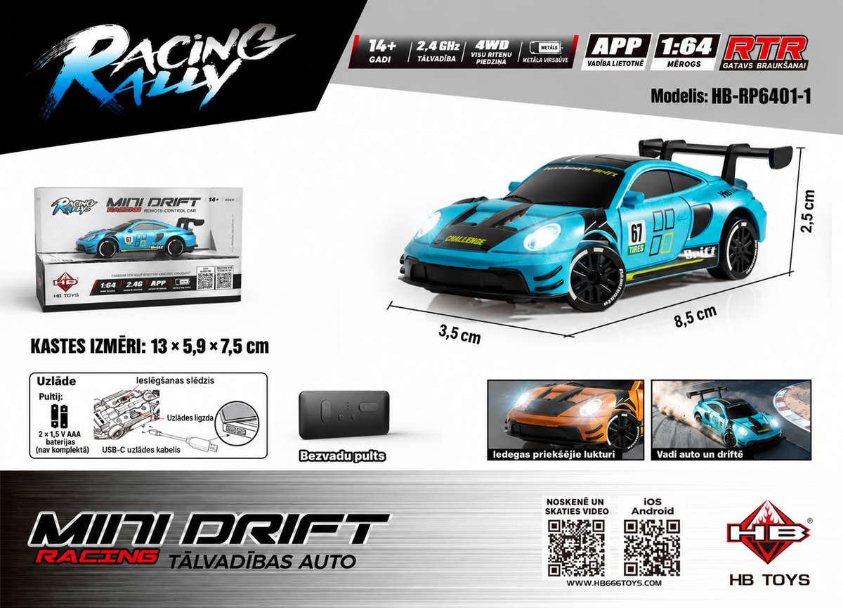Zils mini RC drifta auto 1:64 4WD ar lielu aizmugurējo spoileri, gaismām un bezvadu pulti