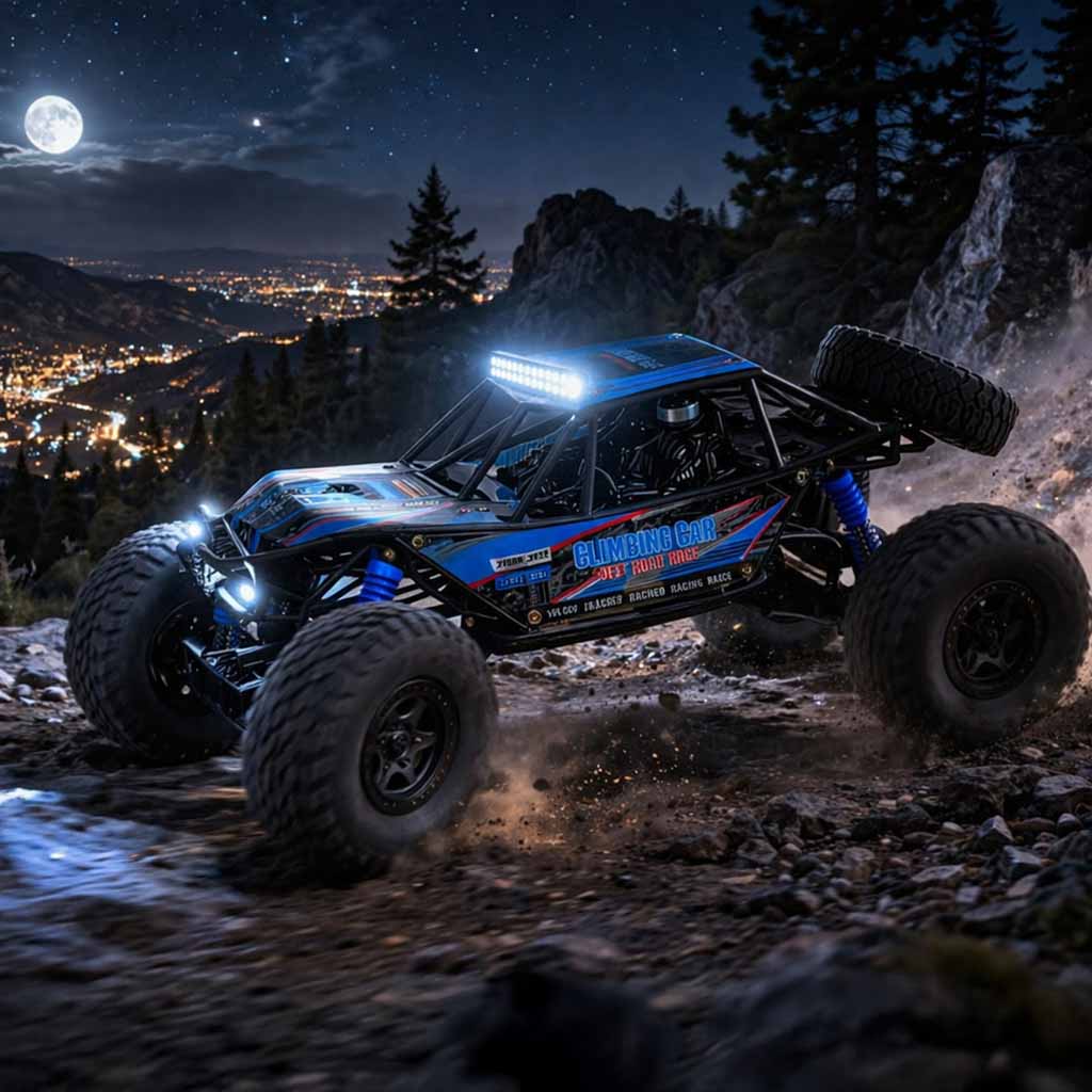 Zils RC bezceļu auto ar LED gaismām kalnu trasē