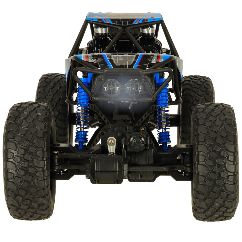Zils RC bezceļu auto ar LED lukturiem priekšskatā